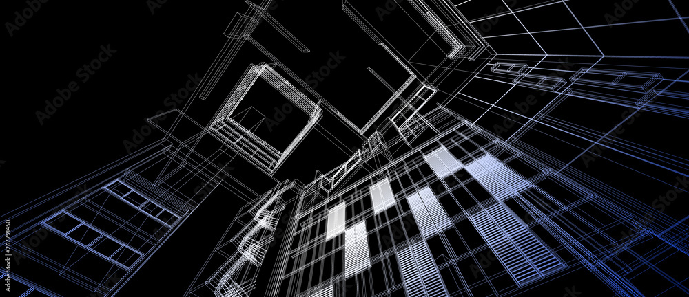 Aufkleber architecture building space design concept 3d perspective gradient color wire frame rendering black 