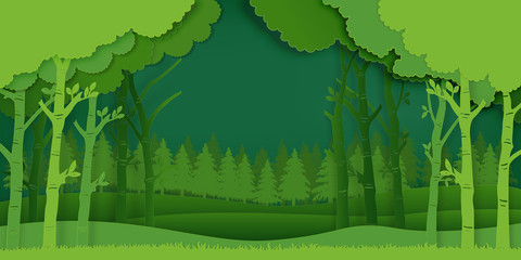 Paper art and digital craft style of Eco green nature background, forest plantation as ecology and environment conservation creative idea concept. Vector illustration.