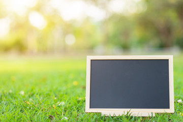 empty wooden blackboard in square shape on green grass in the park background.