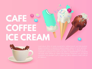 Coffee and Ice Cream. Cafe Ad Design Template. Sweets Shop. Gelato. Coffee to Go.