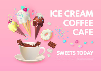 Coffee and Ice Cream. Cafe Ad Design Template. Sweets Shop. Gelato. Coffee to Go.