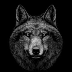 Monochrome, black and white, graphic portrait of a wolf's head on a black background.