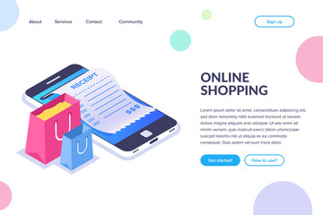 Online shopping isometric concept. shopping bags on the background of a mobile phone. Receipt on the smartphone screen. Flat vector illustration.