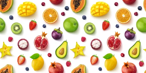 Poster Seamless pattern of different fruits and berries, flat lay, top view © xamtiw