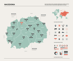 Vector map of Macedonia. Country map with division, cities and capital Skopje. Political map,  world map, infographic elements. - obrazy, fototapety, plakaty