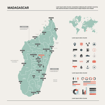 Vector map of Madagascar. Country map with division, cities and capital Antananarivo. Political map,  world map, infographic elements.