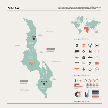Vector map of Malawi. Country map with division, cities and capital Lilongwe. Political map,  world map, infographic elements.