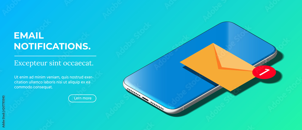 Poster notification of new email on your mobile phone. mail icon. beautiful modern abstract smart phone on 