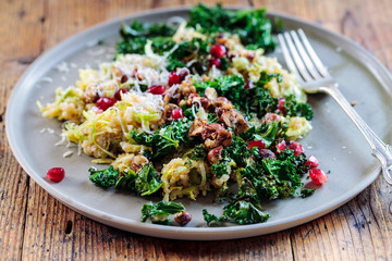 Quinoa, brussel sprouts, crispy kale and hazelnuts salad with dukkah crusted chicken 