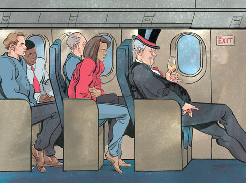 Passengers crowded behind wealthy man on airplane