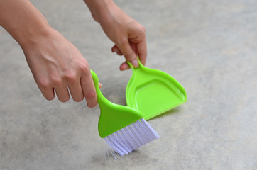 Small Green Plastic Broom and Shovel