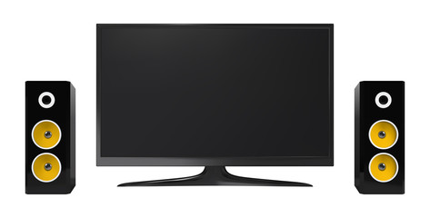 Home theater with audio stereo system and widescreen black flat tv on stand. Realistic vector mockup.