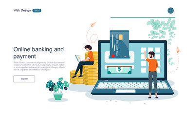 Flat design. Concept online and mobile payment  for web page.Confirm payment using a smartphone, Mobile payment, Online banking,payment terminals.Vector illustration.