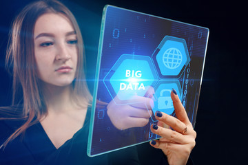 Business, technology, internet and networking concept. Young entrepreneur showing keyword: Big data