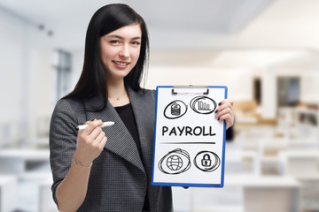 Business, technology, internet and networking concept. Young entrepreneur showing keyword: Payroll