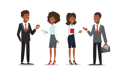 Vector illustration set of business characters. Collection of African American businessmen and businesswomen talking and smiling in flat cartoon style isolated on white background.