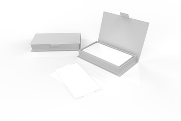 contact business cards in the open cardboard box clean mockup template with free copy. 3d illustration 