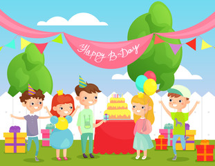 Obraz na płótnie Canvas Vector illustration of kids birthday party on back yard background with funny friends, happy children company of boys and girls having fun, celebrating birthday with big cake and lot of presents
