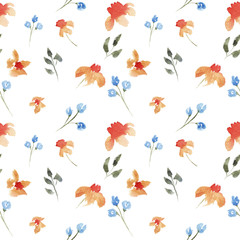 Obraz premium seamless hand drawn beautiful watercolor floral pattern with blue and orange flowers on white background