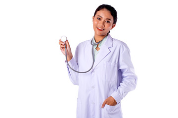 Asian woman doctor with white gown and stethoscope and different actions isolated on white background