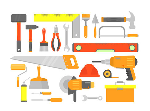 Vector illustration set of building tools and elements for building in bright colors isolated on white background in flat cartoon style.