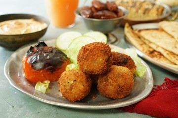 Ramadan feast/Iftar  food dinner composition, selective focus