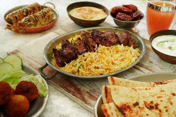 Ramadan feast/Iftar  food dinner composition, selective focus