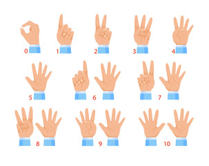 Vector illustration of hands and numbers by fingers. Human hand and number gesture isolated on white background.