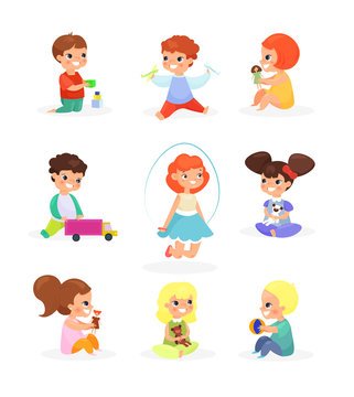 Vector illustration set of cute kids playing with toys, dolls, jumping, smiling. Happy children having fun, cartoon flat style.