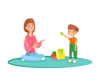 Vector illustration of mom playing blocks with her son on the carpet. Playing at home, time with family, nanny with kid. Cute mommy with son kid in flat cartoon style.