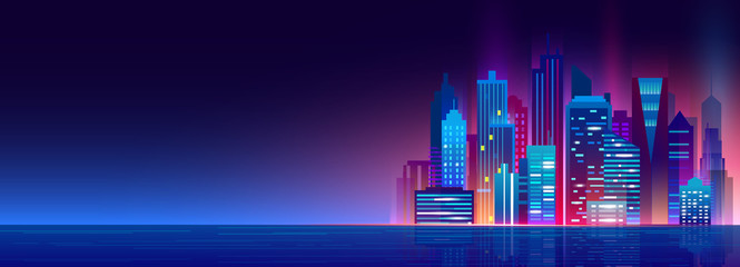 Vector illustration of beautiful night city with neon lights and glow colors. Modern big city, night megapolis.