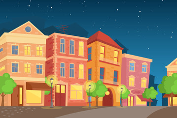 Obraz na płótnie Canvas Vector illustration of night town in cartoon style. Street with colorful cute houses, night time city in flat style.