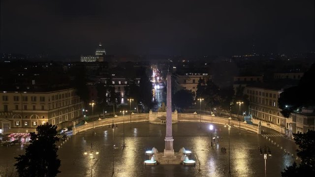 Panoramic Timelapse of Piazza del Poppolo in Rome, Italy, Busy traffic at night time during the rain.