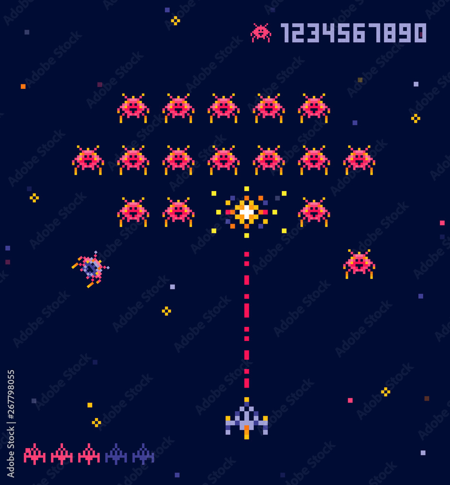 Fototapete vector illustration of old pixel art style ufo space war game. pixel monsters and spaceship. retro g
