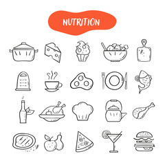 Hand drawn line style icons of Nutrition. Doodle icons set 