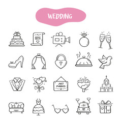 Hand drawn line style icons of Wedding. Doodle icons set 