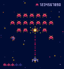 Fototapeta na wymiar Vector illustration of old pixel art style Ufo space war game. Pixel monsters and spaceship. Retro game, 8 bit game concept, trendy 90s style.