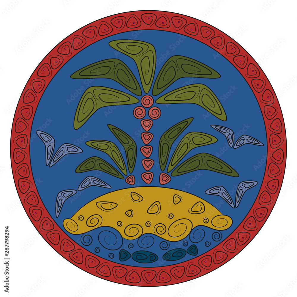 Poster abstract illustration with palm tree on a tropical island in the ocean. colored objects with black o