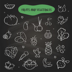 Hand drawn line style icons of Fruits and Vegetables. Doodle icons set on black background