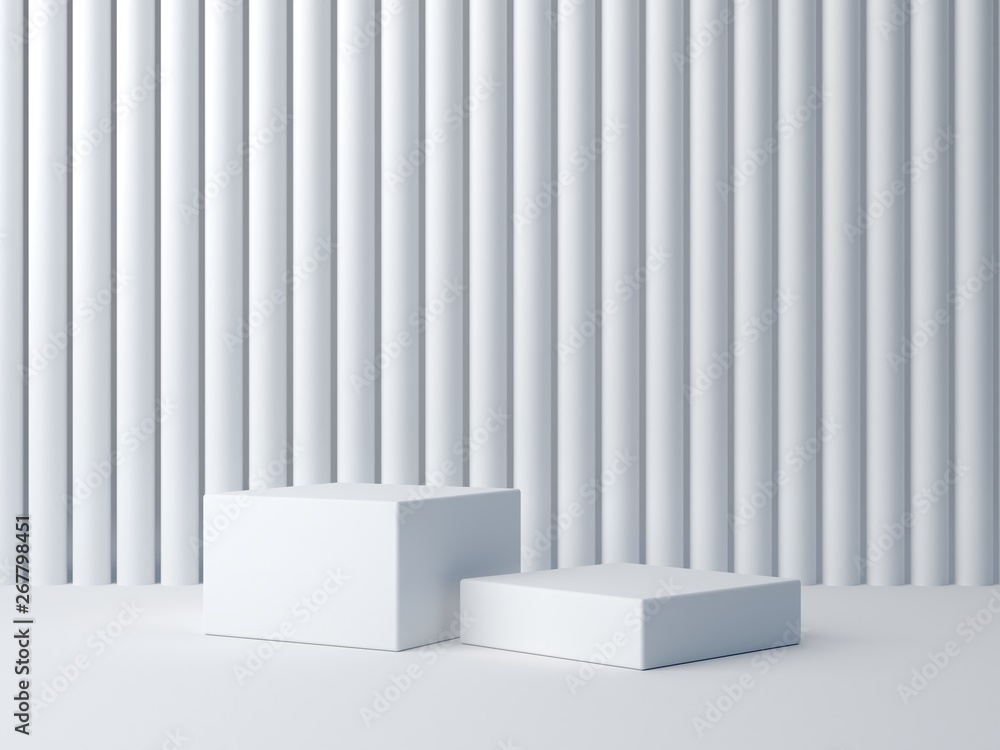 Poster 3d render. white shapes on white abstract background. minimal box podium. scene with geometrical for