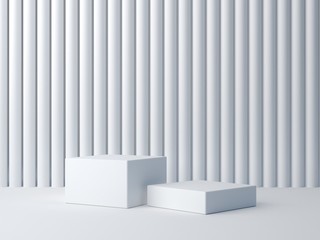 3d render. White shapes on white abstract background. Minimal box podium. Scene with geometrical forms and white textured wall. Empty showcase for cosmetic product presentation. Fashion magazine.  - obrazy, fototapety, plakaty