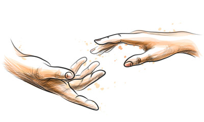 Male and female hand outstretched to touch. Sketchy vector illustration on white background with splashes of watercolor.