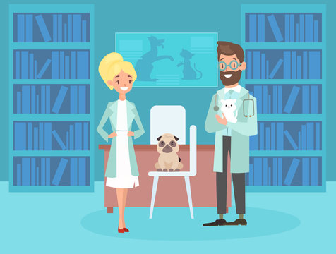 Vector illustration of smiling male female veterinarians. Vet pet doctors, cute puppy dog in flat cartoon style.