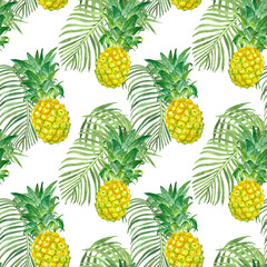 Summer seamless pattern with tropical pineapple fruits and palm leaf. Watercolor tropical hawaiian print.