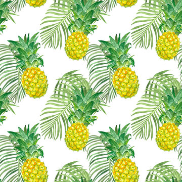 Summer seamless pattern with tropical pineapple fruits and palm leaf. Watercolor tropical hawaiian print.