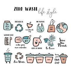 Hand drawn seamless pattern with  doodle elements of zero waste lifestyle. 