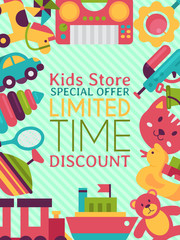 Baby toy shop banner in flat cartoon style. Kids game market includes teddy bear, pyramid, doll. Children fun and activity play colorful store kindergarten vector illustration.