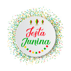 Festa Junina calligraphy lettering on paper plate. Brazil June Festival Festa de Sao Joao. Brazilian Traditional Carnival typography poster. Easy to edit template fop banner, invitation, flyer, etc.