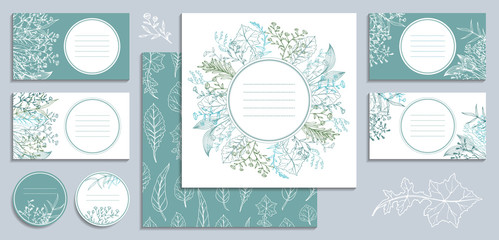 Templates for greeting and business cards, brochures, covers, labels with wildflowers, leaves and herbs