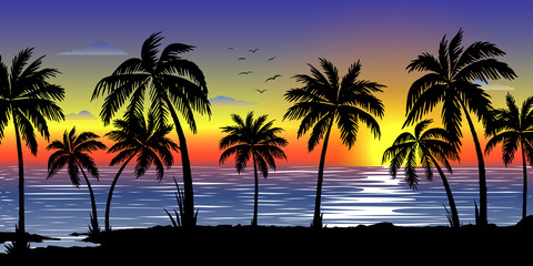 Exotic tropical  landscape with  palms. Palm trees at sunset or moonlight. Seascape. Tourism and travelling. Vector flat design